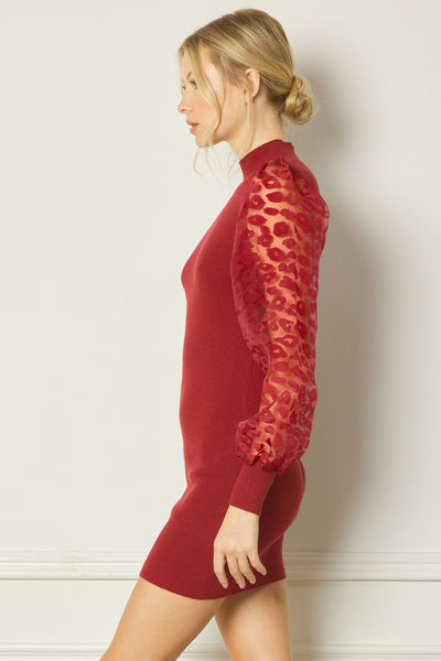 Wine Entro Knit Dress with Sheer Sleeve