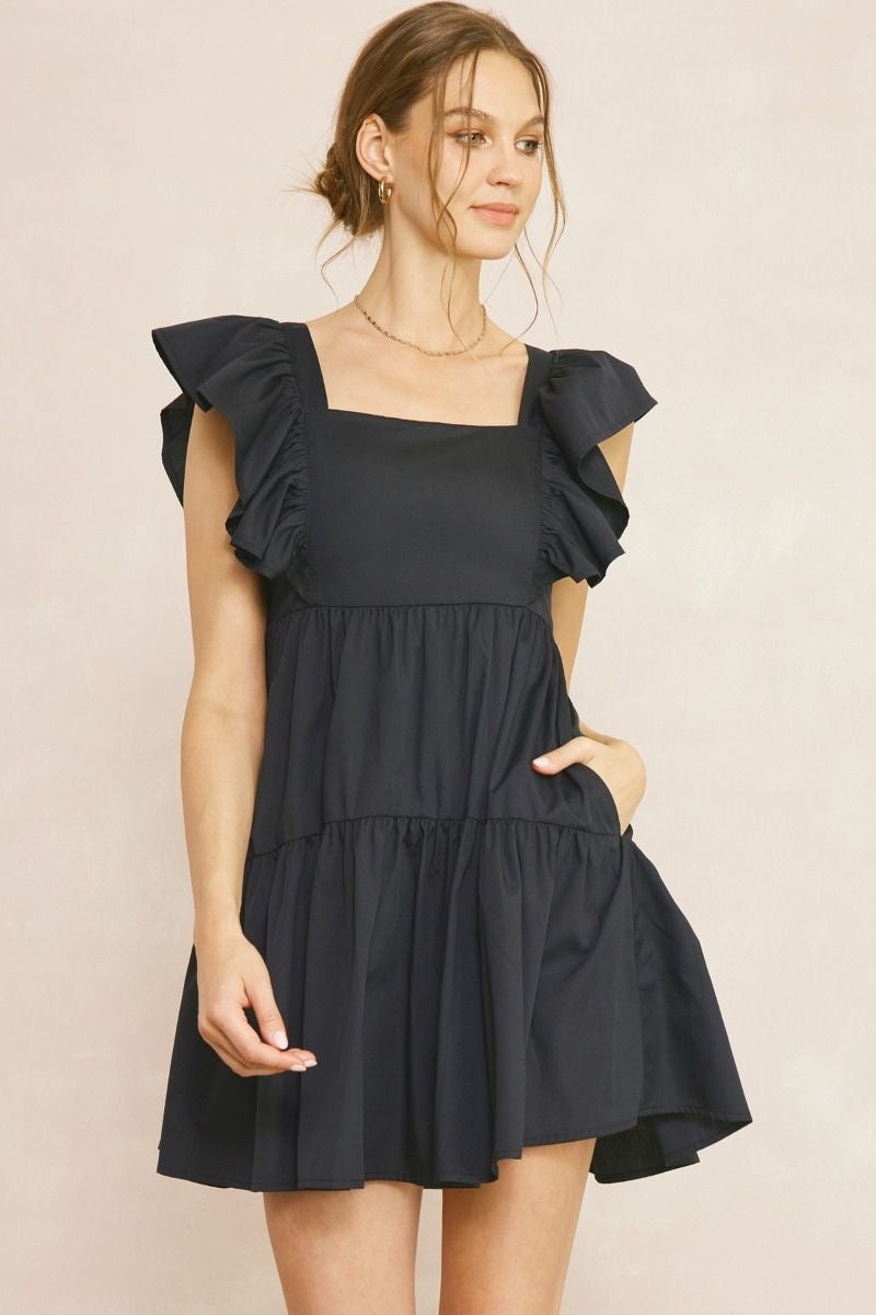 Black Entro Ruffle Sleeve Tiered Dress