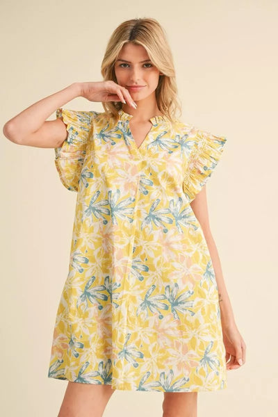 GG Jodifl Yellow Floral Ruffle Sleeve Dress