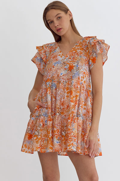 GG Entro Orange Floral V Neck Dress