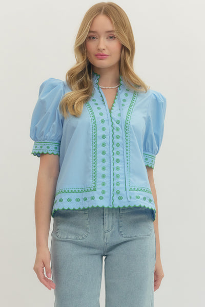 GG Entro Blue/Green Embroidered Scallop Neck Top