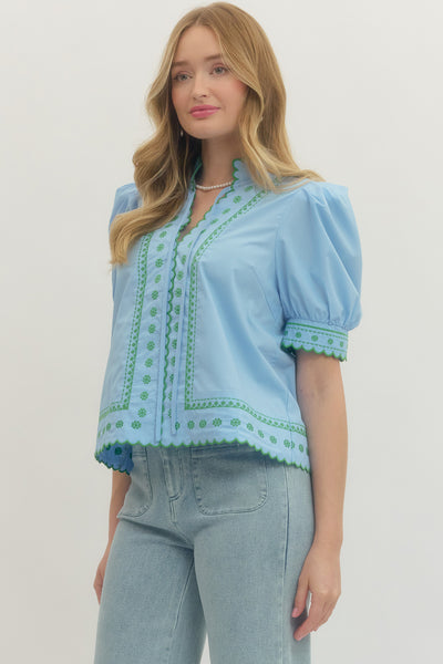 GG Entro Blue/Green Embroidered Scallop Neck Top