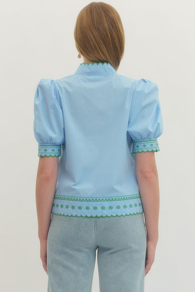 GG Entro Blue/Green Embroidered Scallop Neck Top