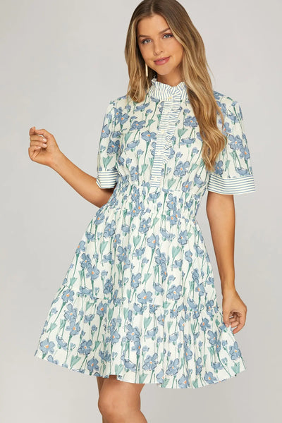 GG She + Sky Blue Floral Dress w/ Stripe Contrast