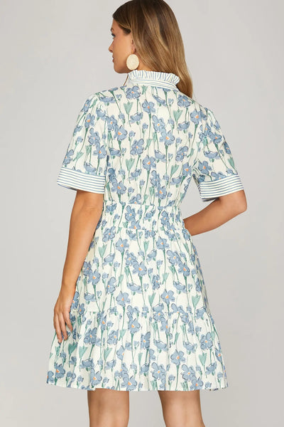 GG She + Sky Blue Floral Dress w/ Stripe Contrast