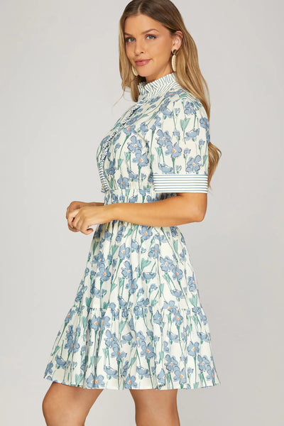 GG She + Sky Blue Floral Dress w/ Stripe Contrast